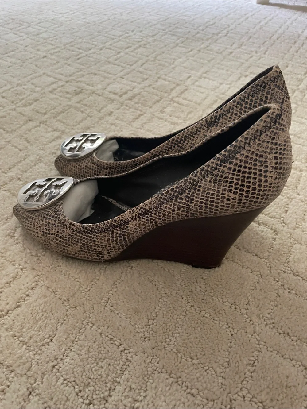 Tory Burch Snake-Embossed Peep-Toe Pumps with Silver Logo Medallions